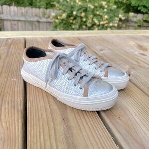 P448 Sally Low Top White and Tan Reptile Print Casual Italian Leather Sneakers